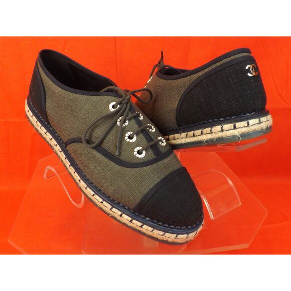 NIB CHANEL G31345 GREEN BLACK CANVAS PEARLS CC ESPADRILLE OXFORDS FLAT 40 - Picture 4 of 12
